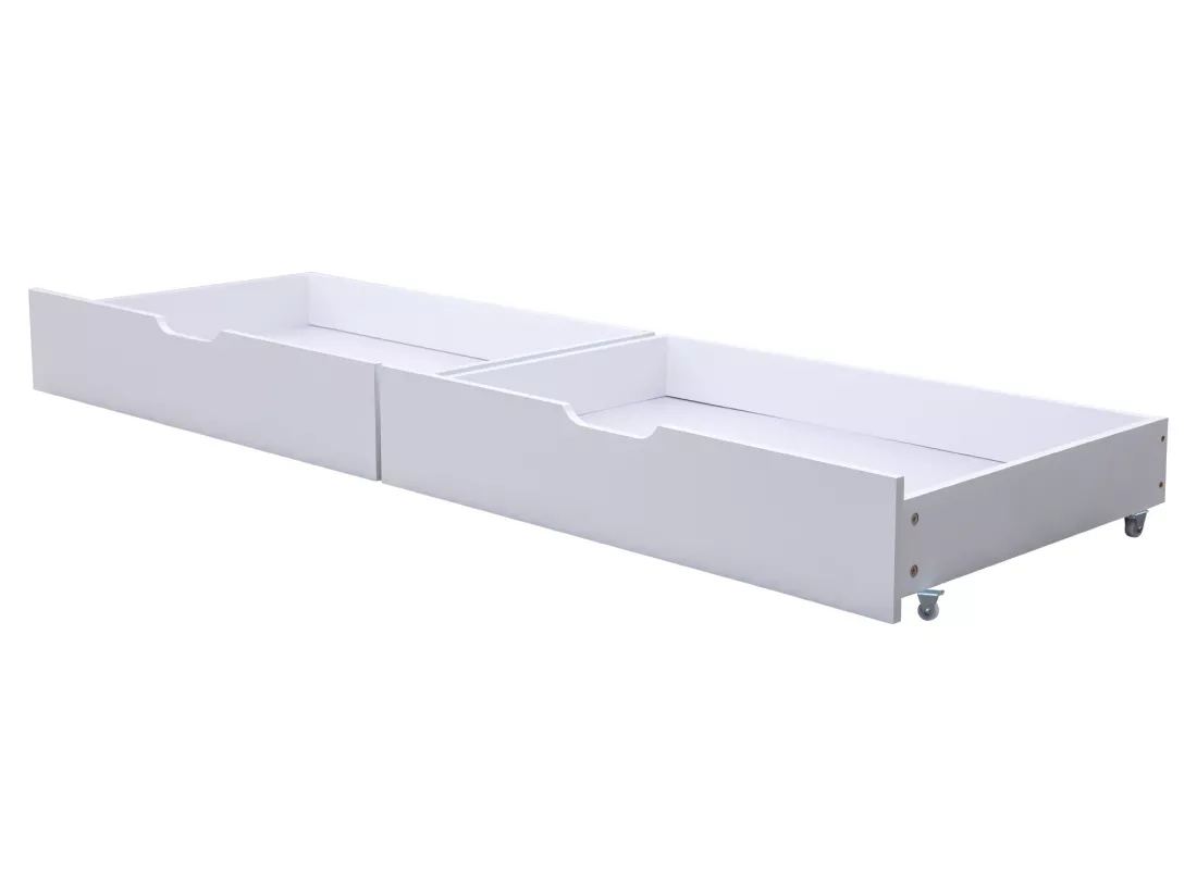 Lit superposé 2x90x200 cm avec tiroirs et étagères, cadre en pin, sommier inclus, blanc