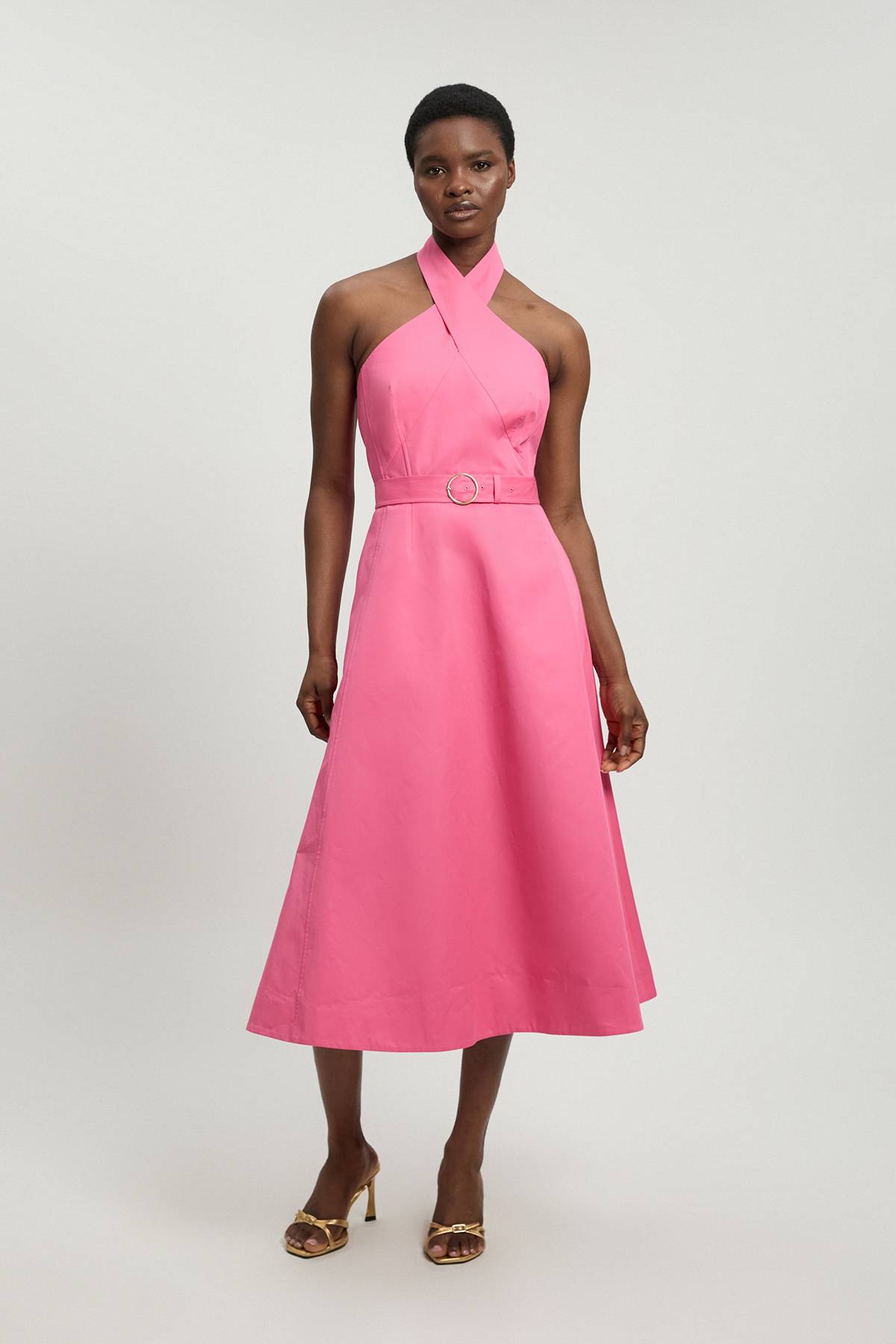 KarenMillen Robe Midi Évasée En Coton Satiné À Col Licou Ajusté