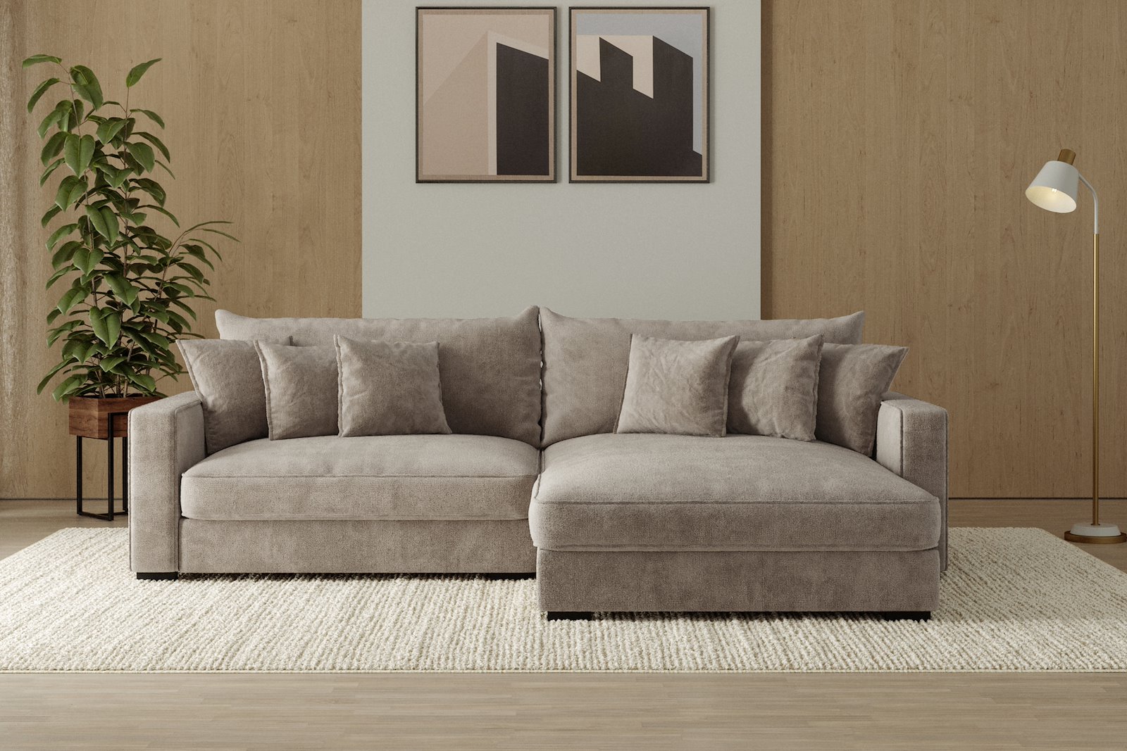 Rossi Lux 2-seter med XL sjeselong høyre Tekstil Genesis 4 Beige, arm B med sorte ben. Lux Komfort.