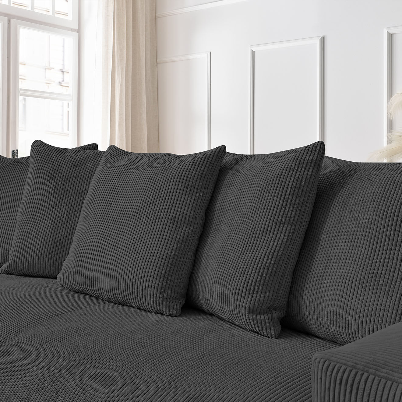 Bobochic Canapé droit fixe 3 places ultra moelleux voltaire velours côtelé gris foncé - 280x124x75 cm