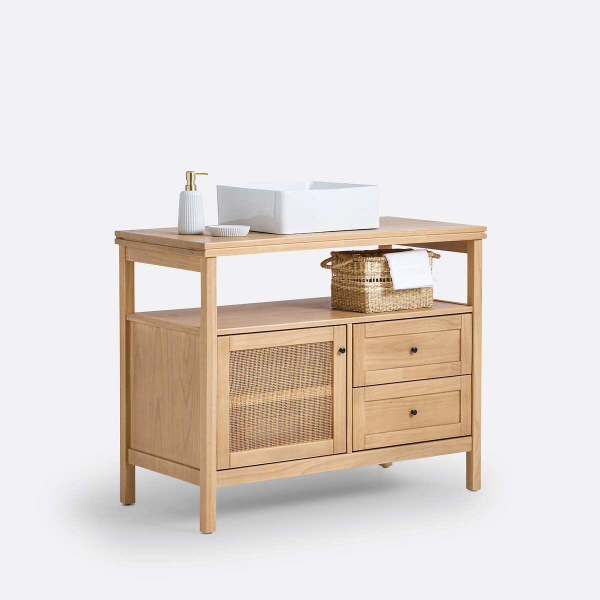 LA REDOUTE INTERIEURS<br>Móvel lavatório de pinho e rattan L100 cm, Gabin