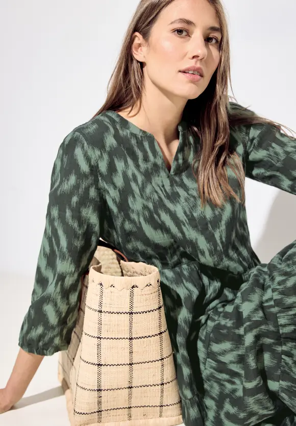 Musselin Print Kleid - strong khaki