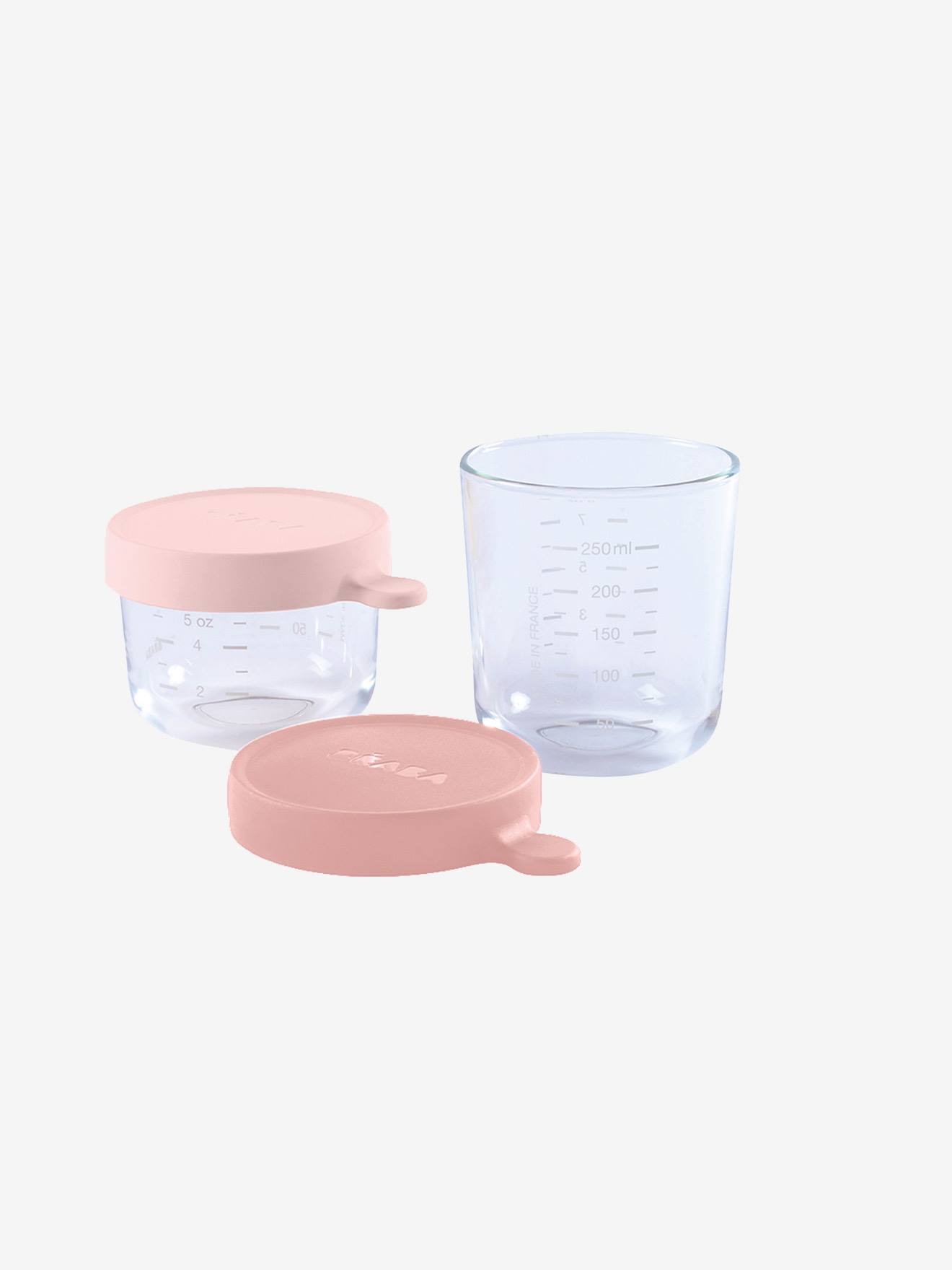 Estojo de armazenamento BEABA em vidro liso rosa médio com 2 recipientes.