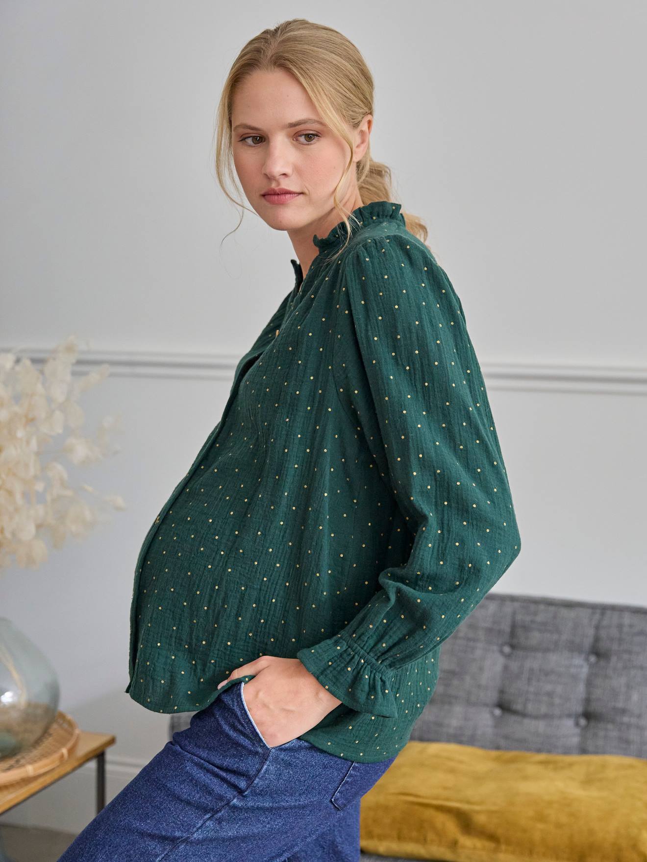 Blusa de chiffon de algodão verde pinho para gestantes e lactantes.