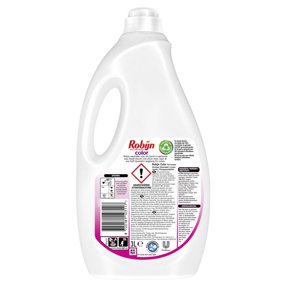 Robijn Vloeibaar Wasmiddel Color Pink Sensation 60 Wasbeurten3 liter