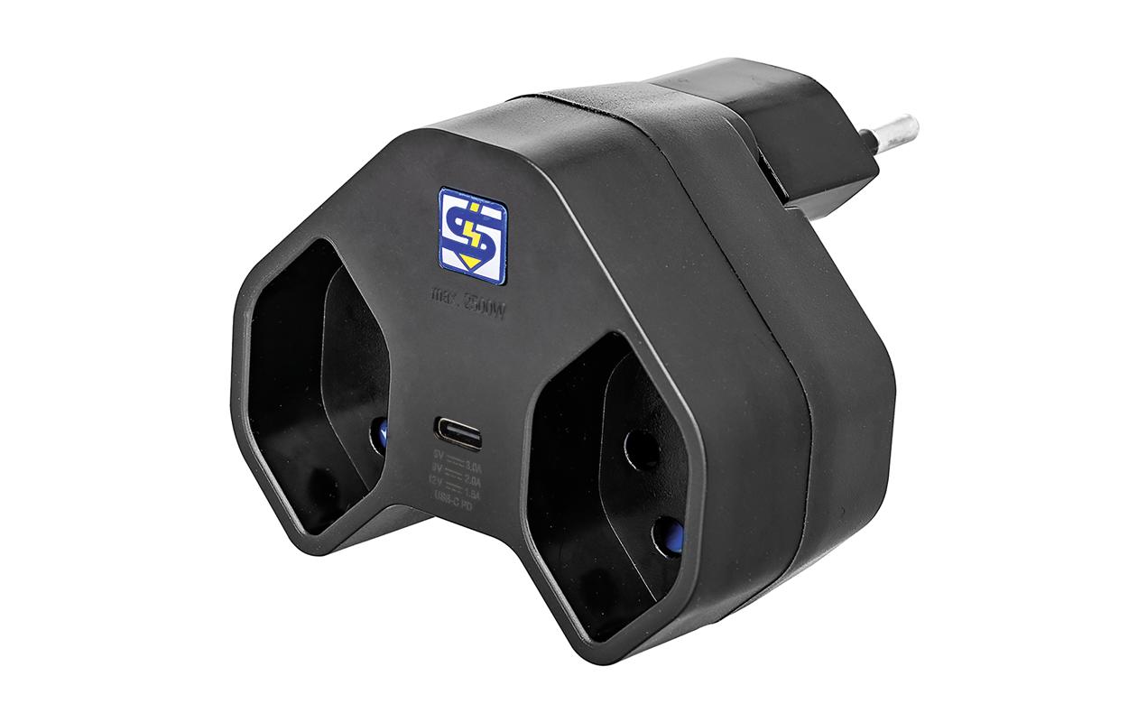 Abzweigstecker 2 x T13 USB-C, Schwarz, drehbar 320°Mehrfachadapter MANTA 2xT13 + 1xUSB-C PD drehbar 320° ws
