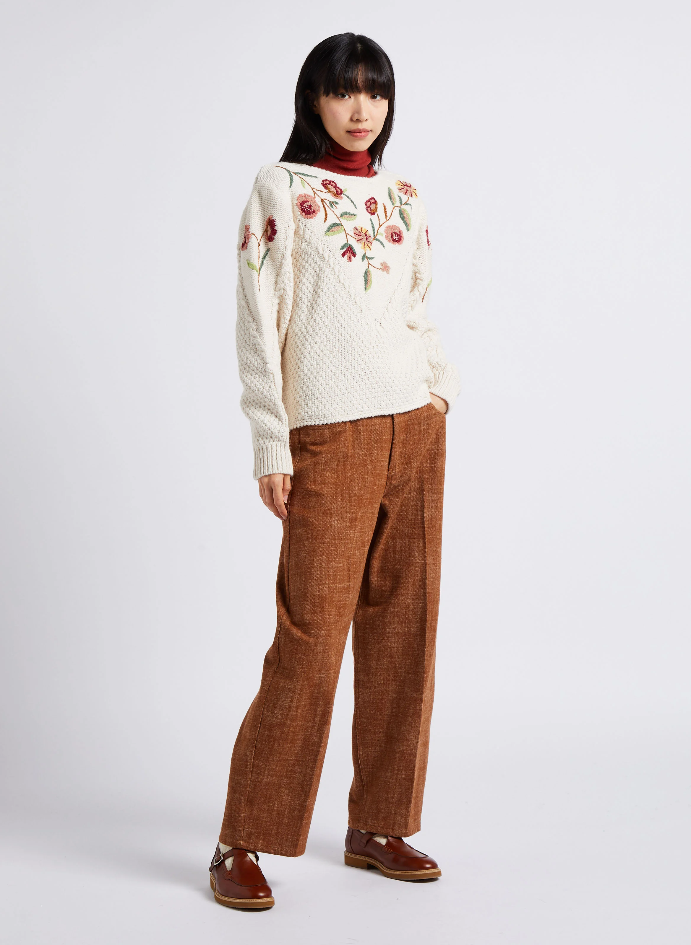 ACAI - Pull col rondà motif floral | Beige
