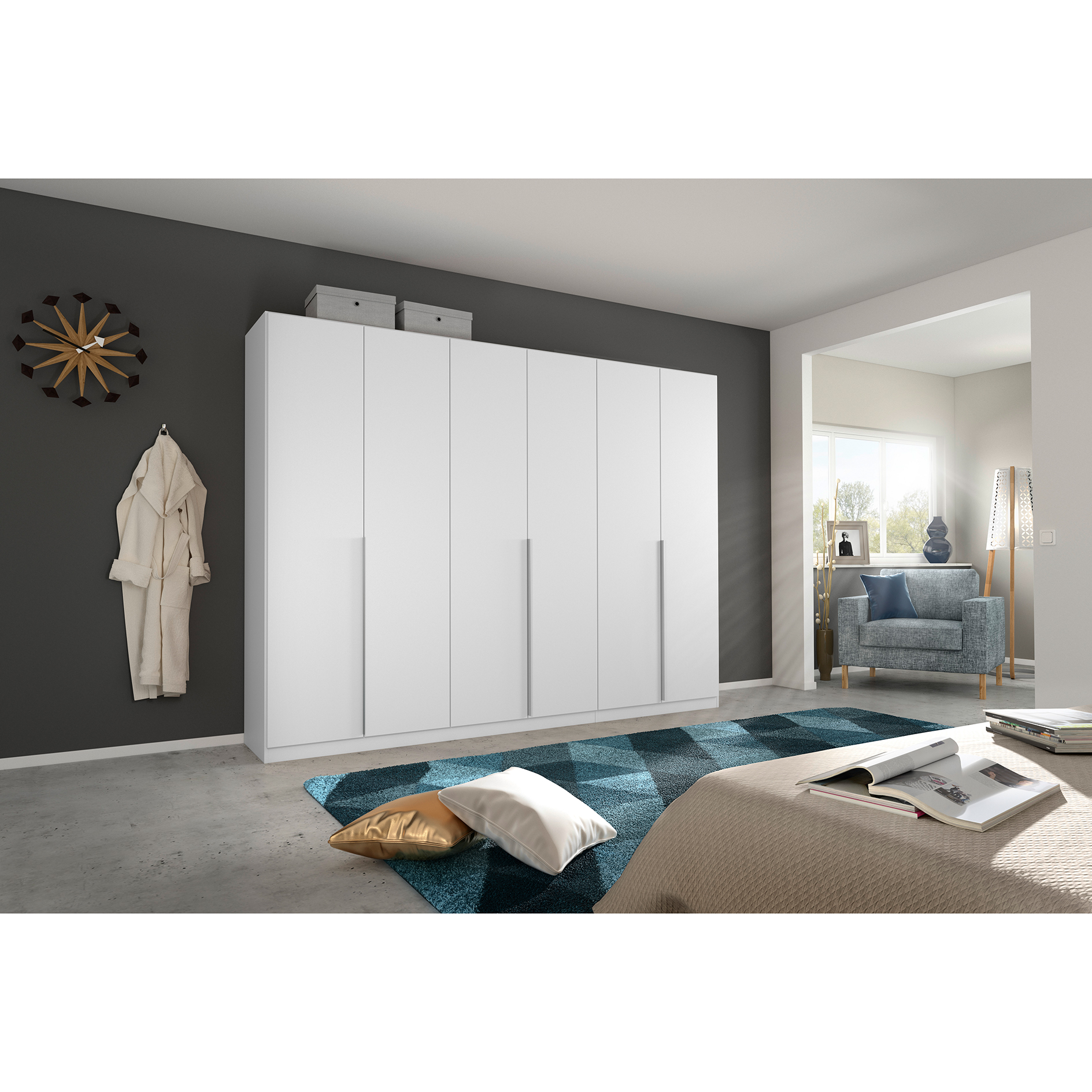 Drehtürenschrank - alpinweiß-seidengrau - 6-türig - 271x210 cm