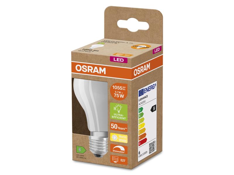 OSRAM LED CLASSIC A ENERGY EFFICIENCY B DIM 5.7W, E27, Warm Dimmbare LED-Lampen, klassische Kolbenform, ENERGIEEFIZIENTKLASSE B