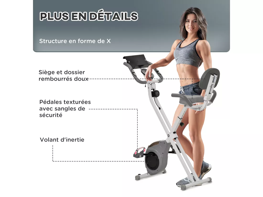 Vélo d'appartement pliable grand confort dossier selle réglable poignées ergonomiques écran LCD multifonction support tablette acier blanc gris