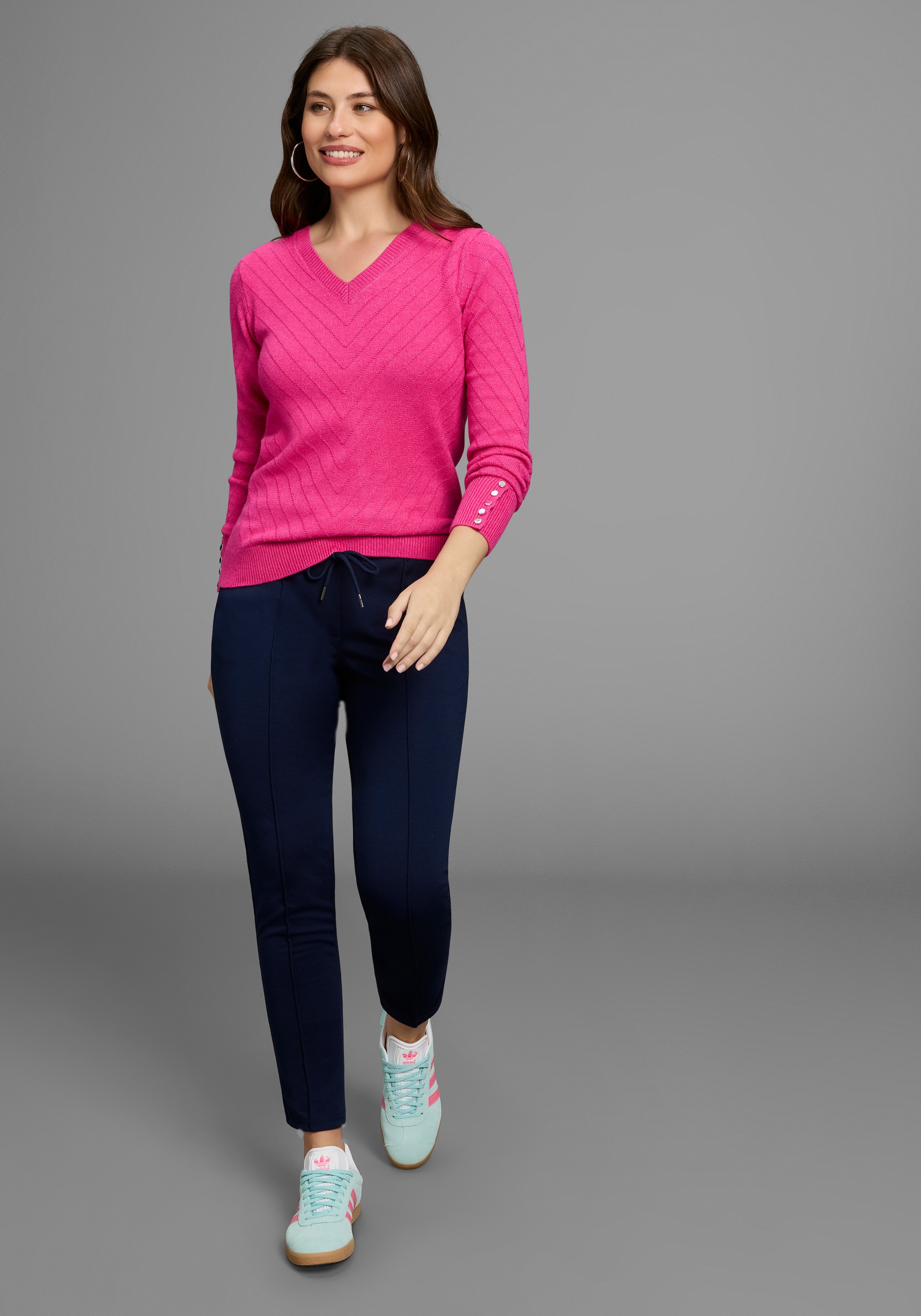 Laura Scott V-Ausschnitt-Pullover , kuscheliger Winterstrick mit Strukturstrick und Knöpfen