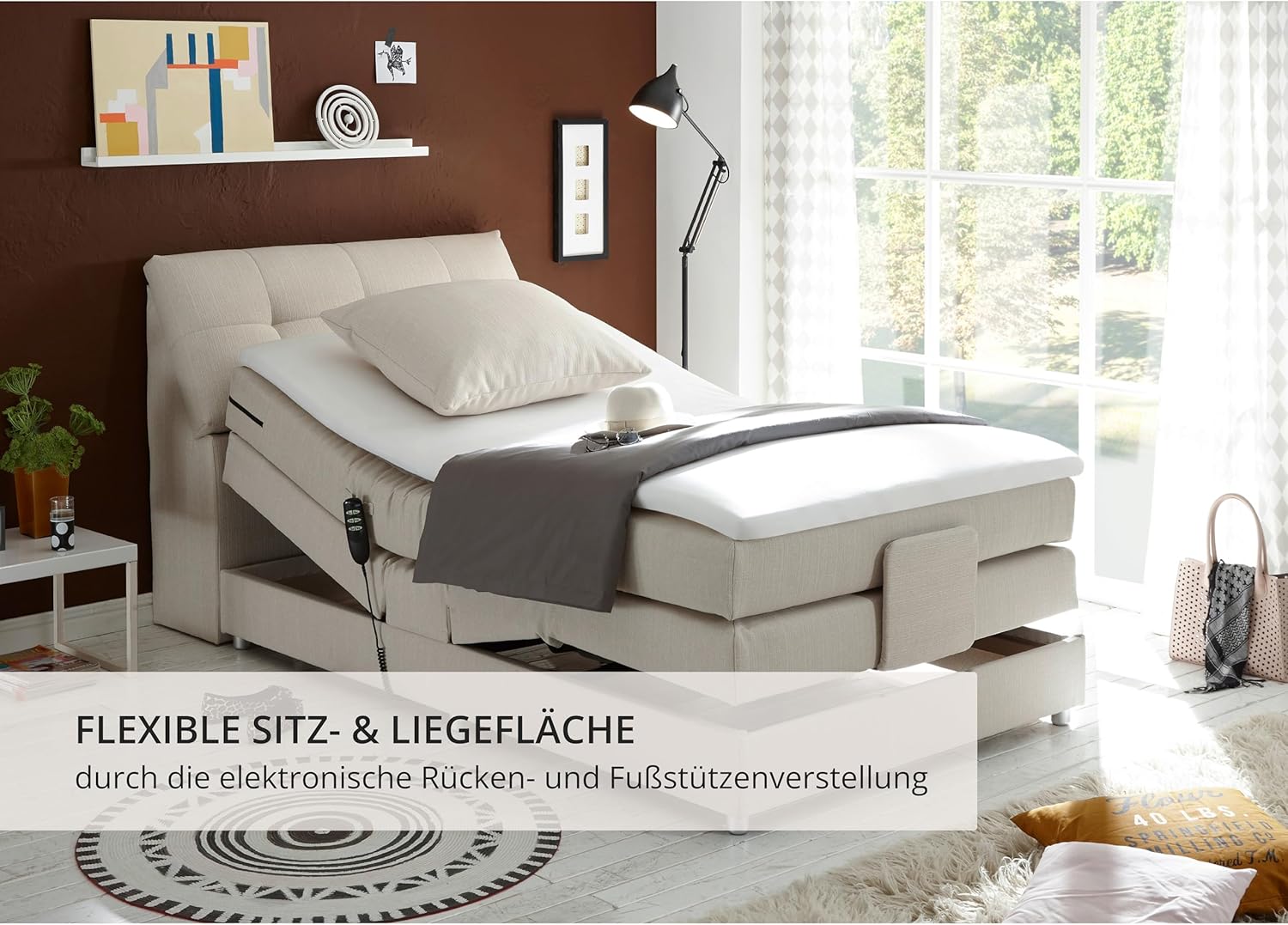CARPINO Boxspringbett 120x200 elektrisch verstellbar, Creme - Bequemes Einzelbett mit dekorativer Steppung und Komfortschaum Topper - 120 x 110 x 234 cm (B/H/T)