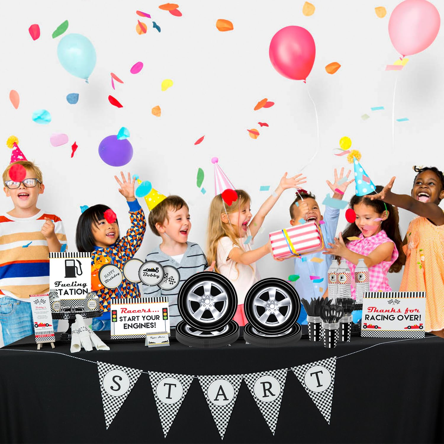 (168-tlg. Set) Einweg Geschirr Kinder Party Tisch Deko inkl. Teller / Servietten / Papp Becher / Besteck - Rennstrecke