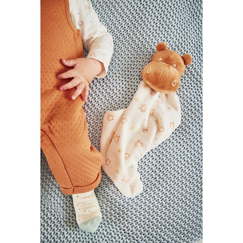 Doudou mouchoir hippopotame en velours pour bébé - Marron