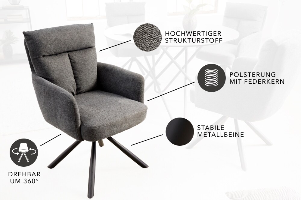 riess-ambiente Stuhl BIG GEORGE - drehbar Retro weiß Bouclé mit Armlehnen Bonellfederkern Esszimmer