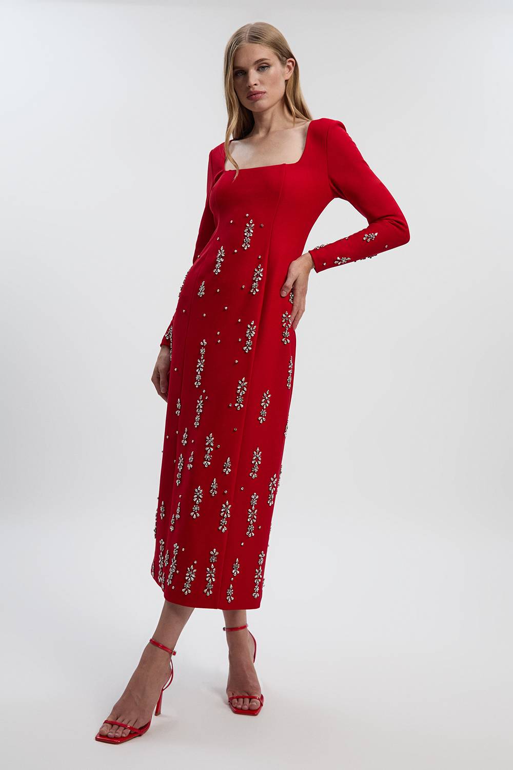 KarenMillen Robe Midi Bandeau en Crêpe Scuba Ornée de Cristaux