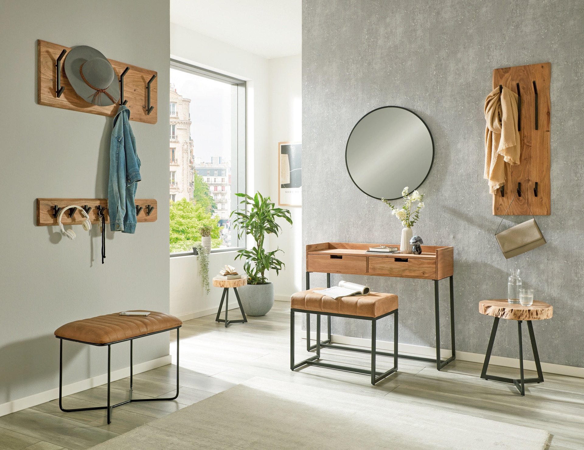 Wandgarderobe 90 x 36 cm Akazie Massivholz/schwarz