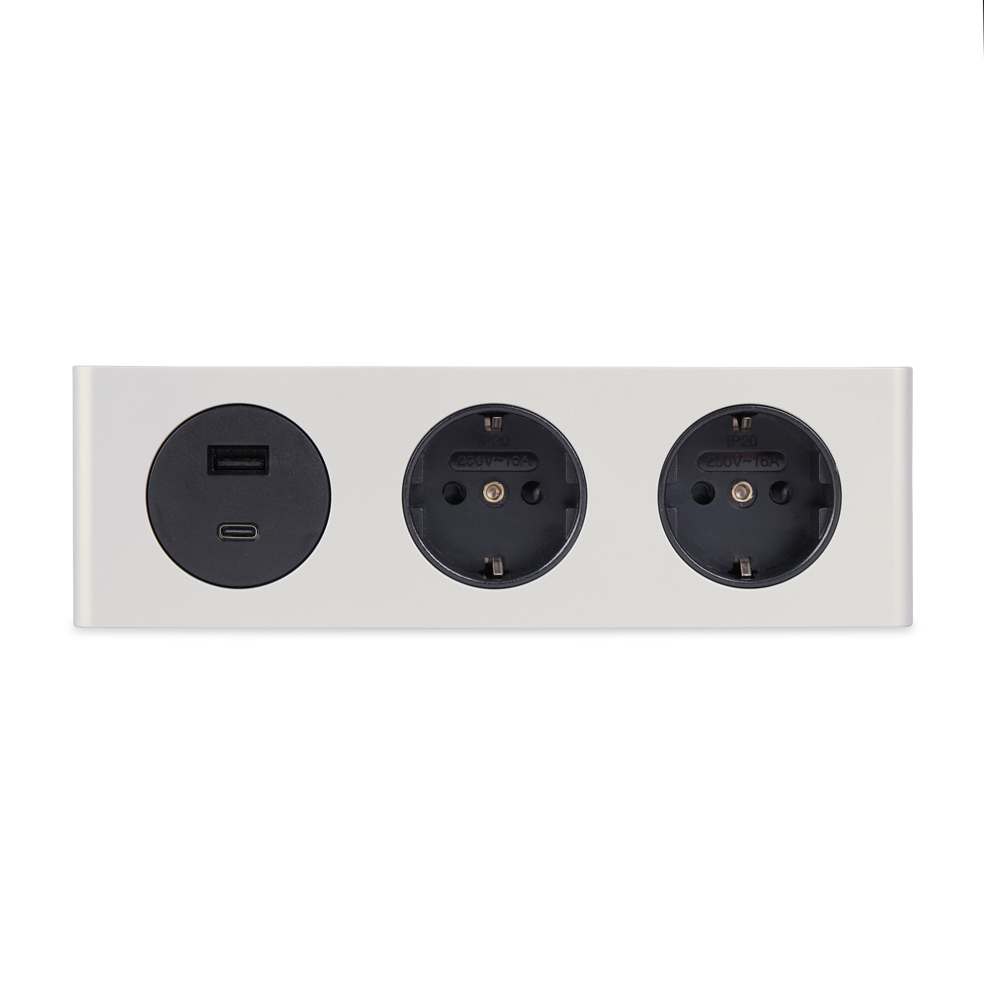 kalb | 3-fach Steckdosenleiste zur Montage, 2x 230V und 2x USB Steckdosen, 200x46x62.5 mm, Anschlusskabel mit Stecker, silber