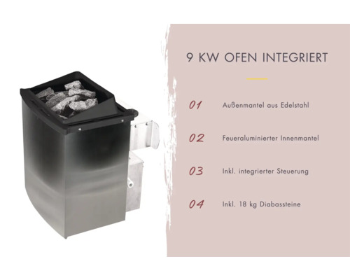 Karibu Limonit modulaire sauna inclusief 9 kW kachel en geïntegreerd besturingssysteem met dakkroon en gebronsde volledig glazen deur