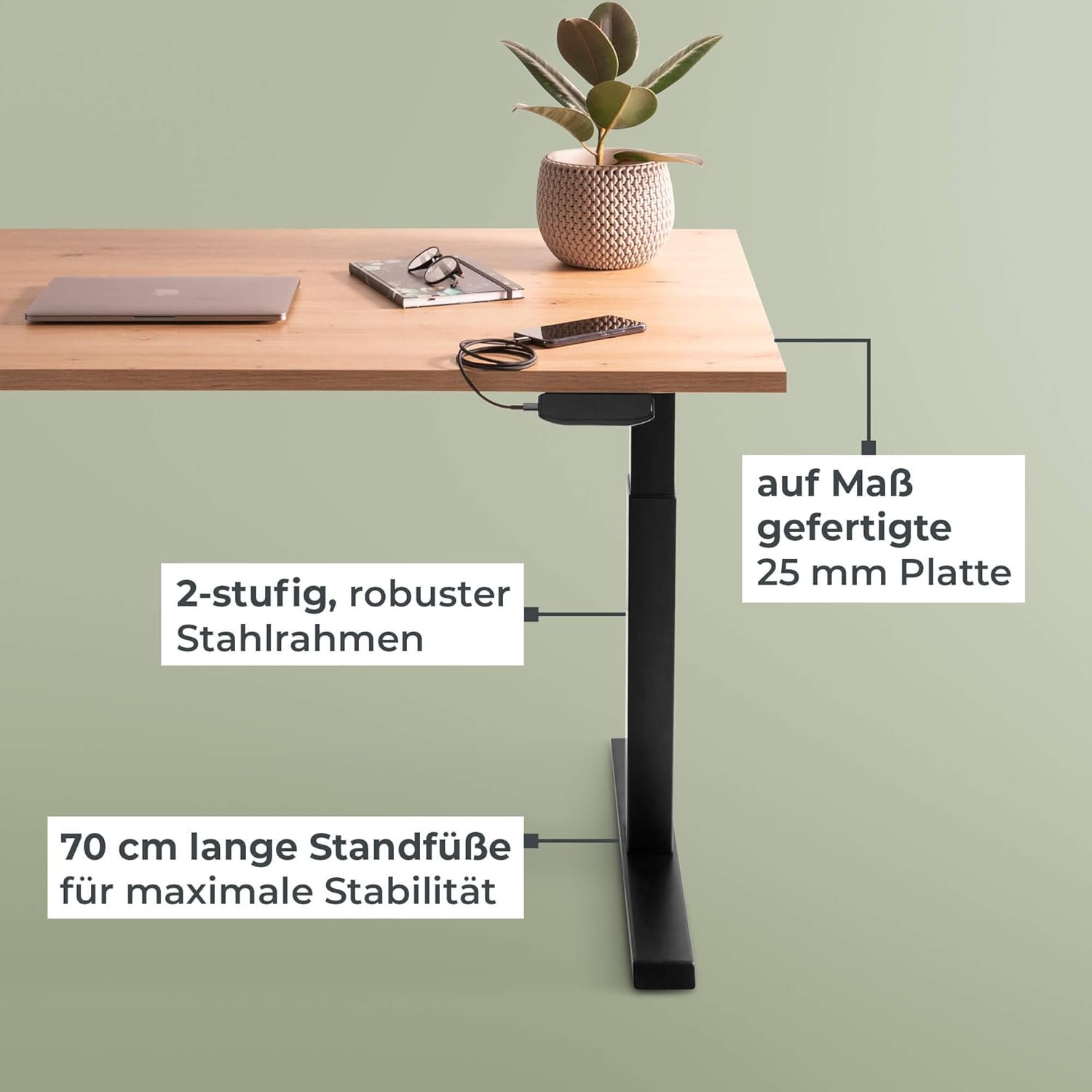 Höhenverstellbarer Schreibtisch auf Maß - inkl. 2,5 cm starker, maßgefertigter Tischplatte - 2- oder 3-stufiges Gestell, OLED-Touchpanel (Artisan Eiche & Grau, 2-stufig, 110 x 60 cm)