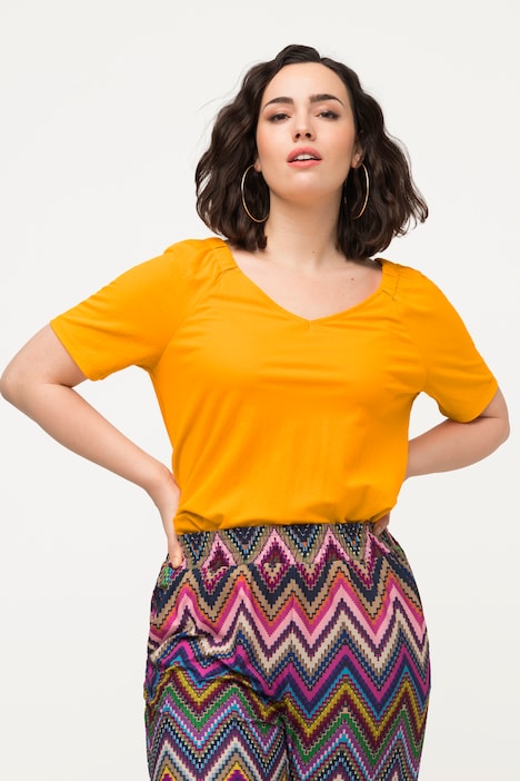 Shirtbluse, Kräuselungen, V-Ausschnitt, Halbarm