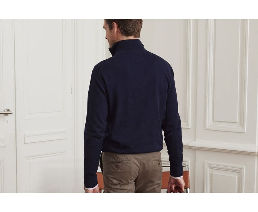 Pull col zippé homme fin coton bio/cachemire Navy - VLAD