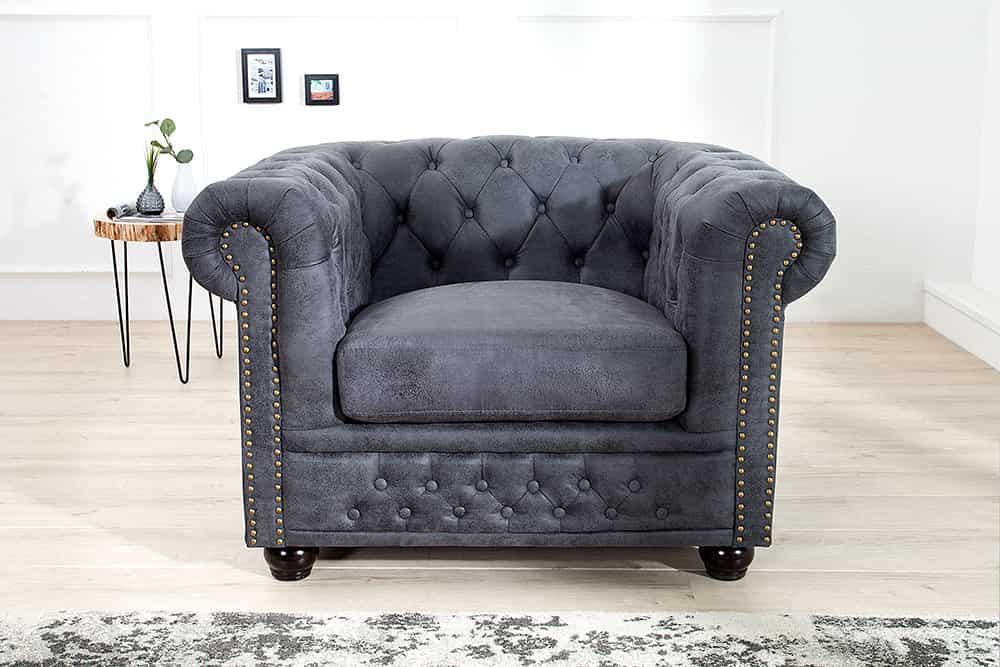 Chesterfield Sessel 105cm antik grau mit Knopfheftung und Federkern