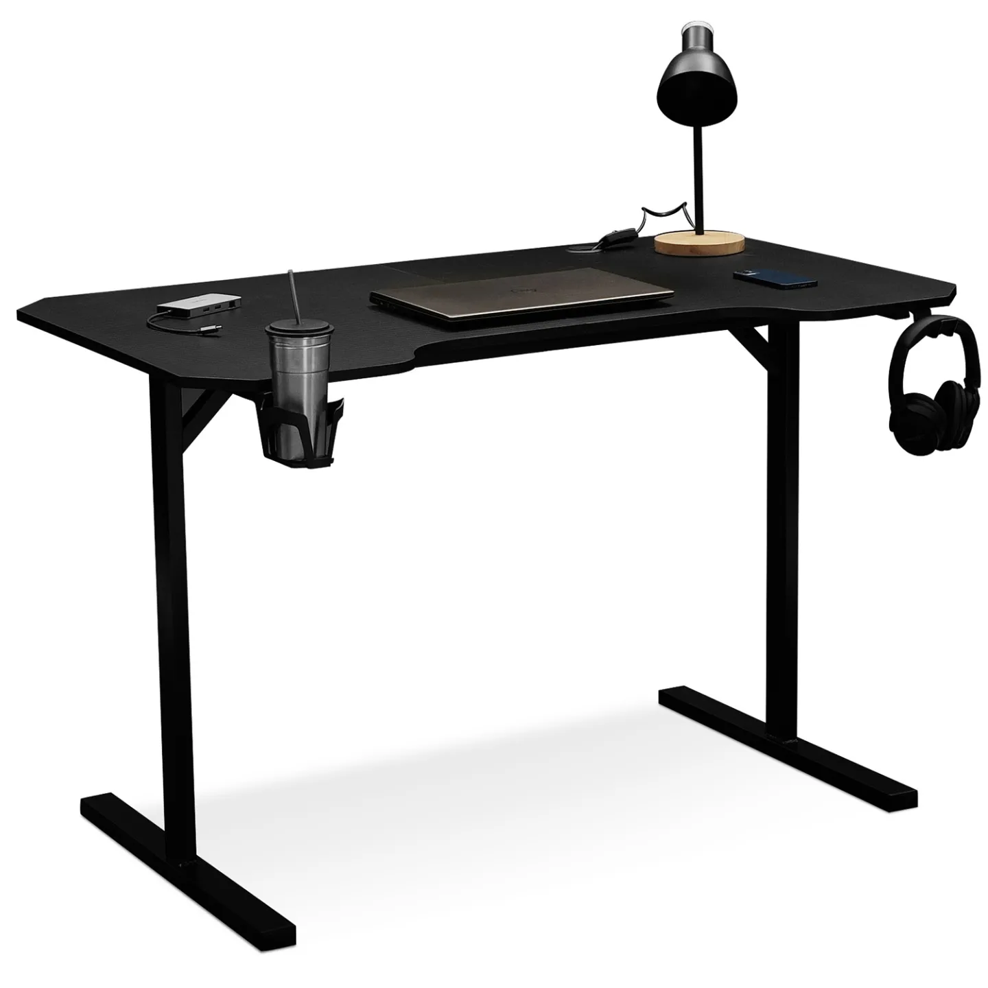 Bureau gaming droit 120 cm noir ALEXIS porte-gobelet et crochet pour casque