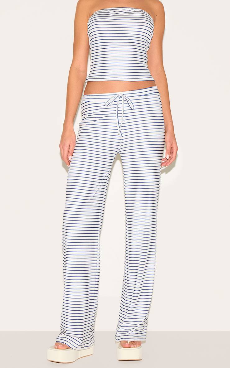 Bleu Pantalon Large Taille Mi-haute À Rayures Toucher Doux