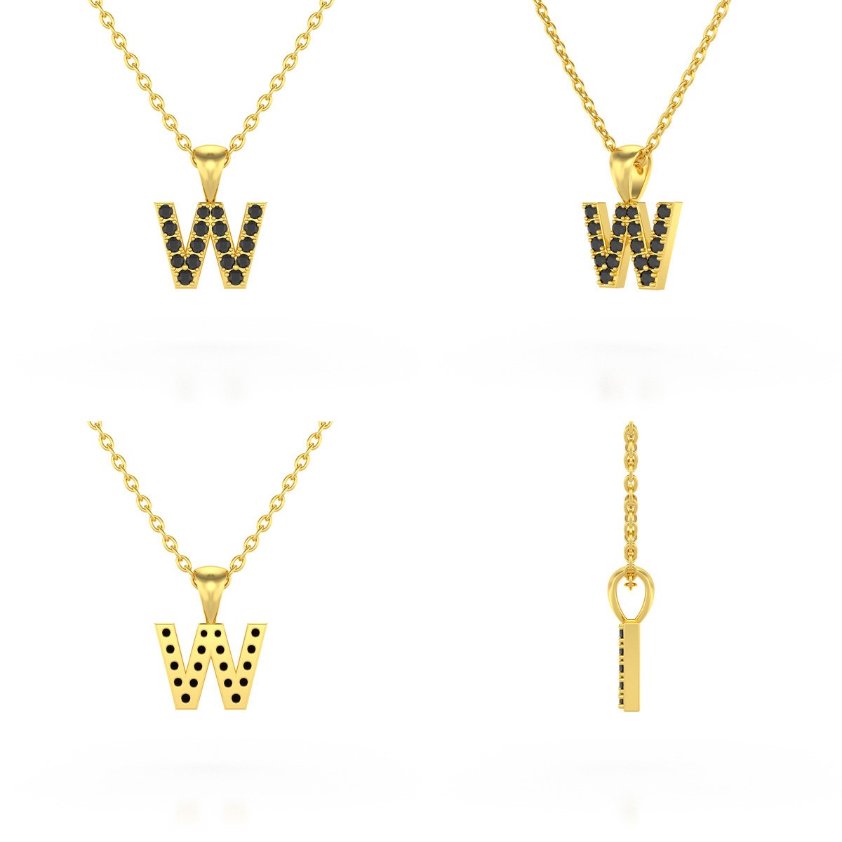 Collier Pendentif ADEN Lettre W Or 750 Jaune Diamant Noir Chaine Or 750 incluse 0.72grs