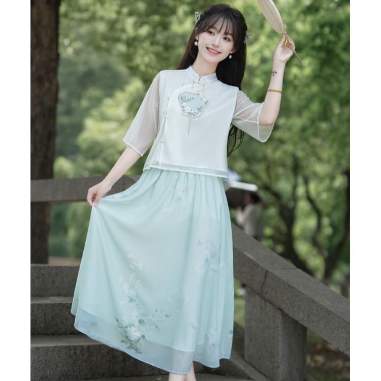 Fioridi - Hanfu-top met elleboogmouwen en bloemenborduursel / Midi-A-lijn rok met hoge taille en bloemenprint