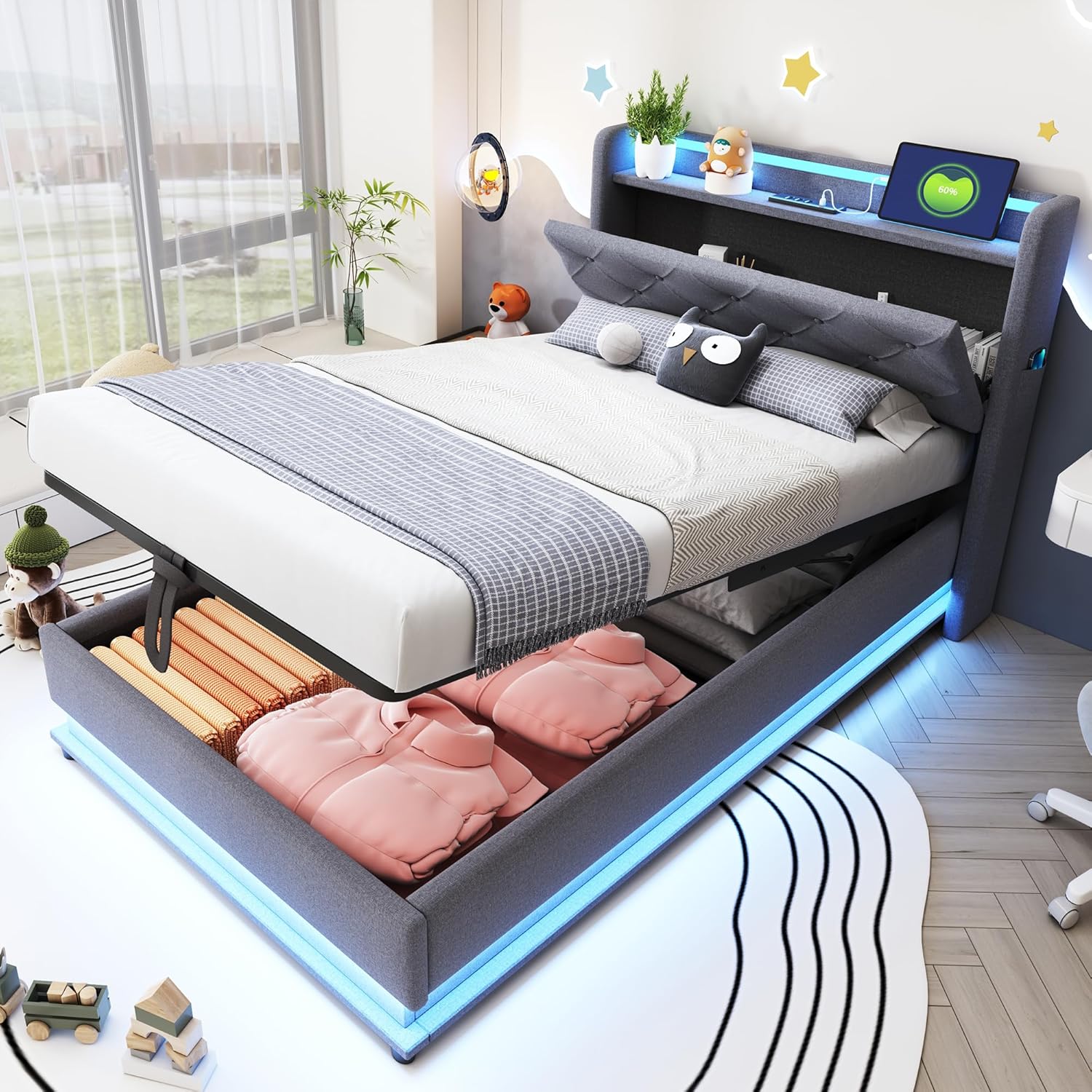 Merax Kinderbett Polsterbett 90x200 cm Einzelbett mit hydraulischem Bettkasten, LED Beleuchtung & USB Type-C, aufklappbarem Kopfteil & Handytaschen, Leinenstoff Grau, ohne Matratze