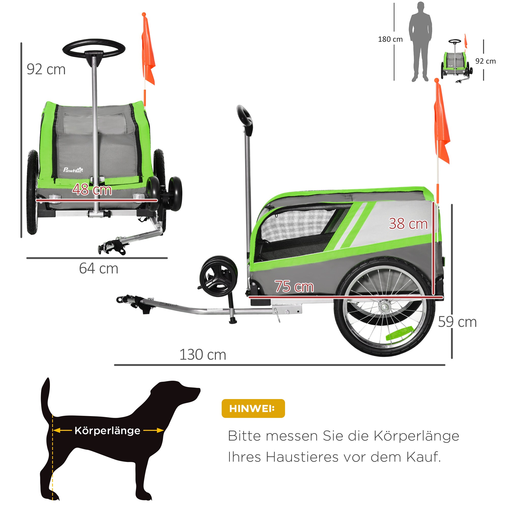 PawHut Hundeanhänger 2 in 1 Trolley 130L x 64B x 92H cm