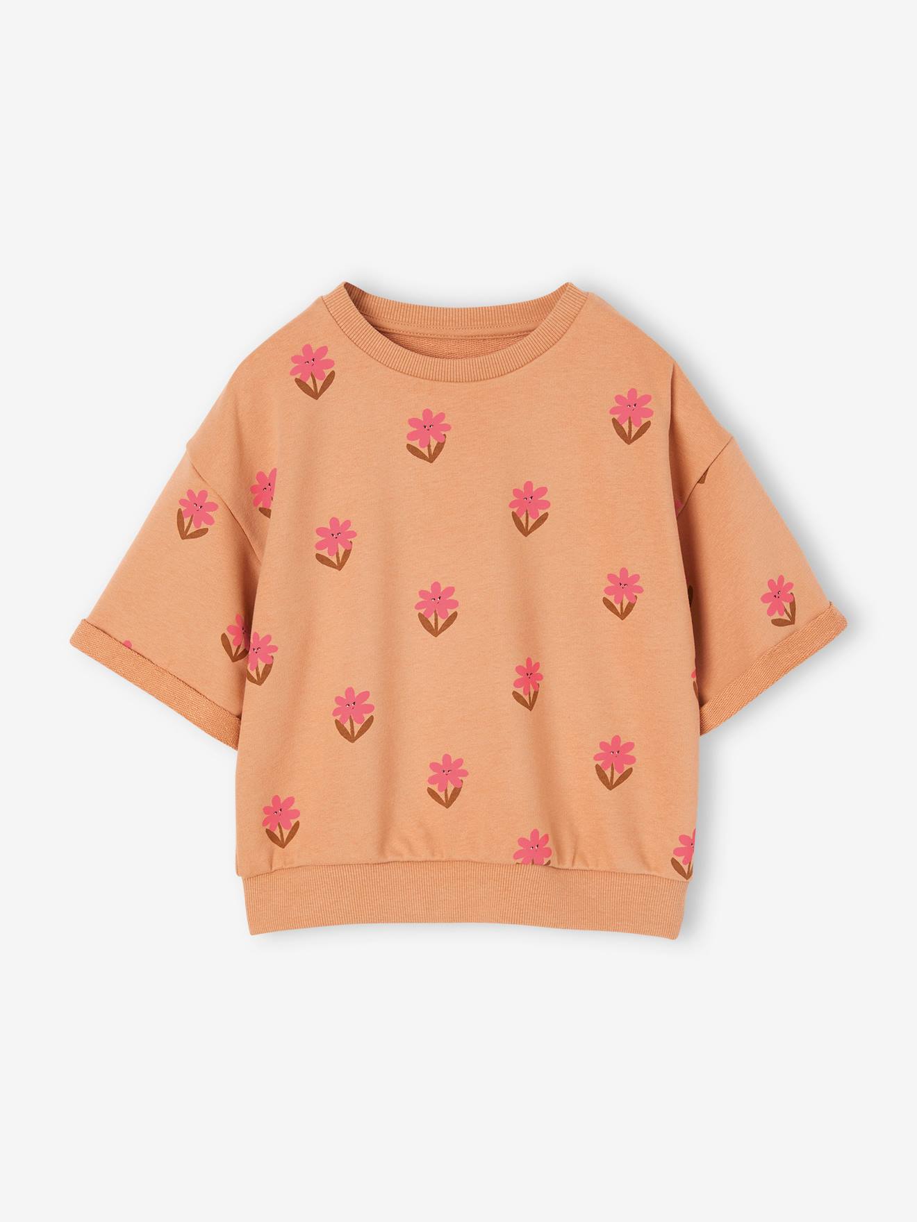 Blusa de moletom de manga curta com estampa floral pêssego para meninas