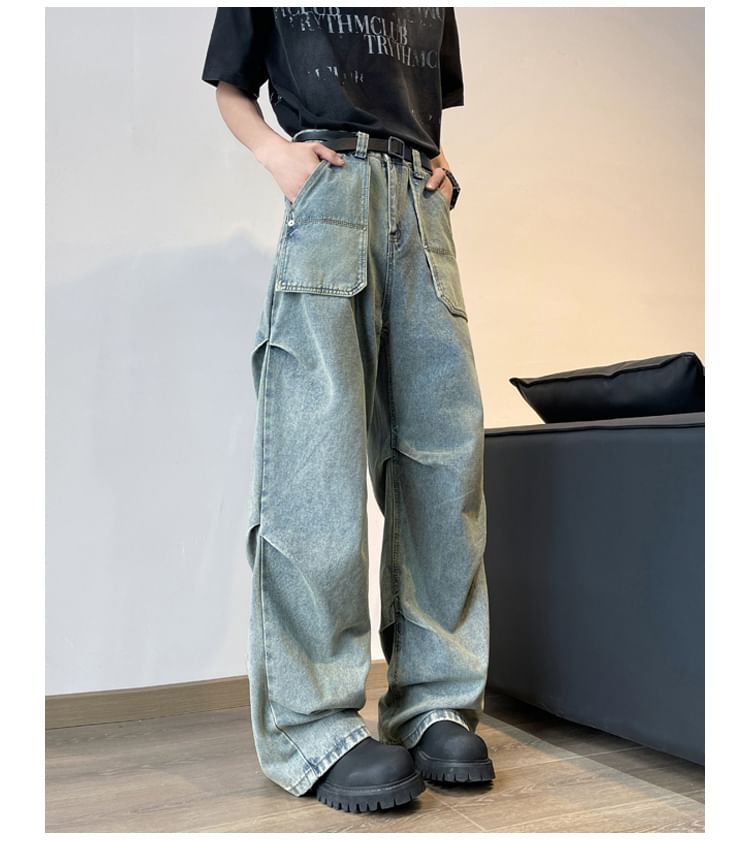 Filmas - Mid Rise Washed Ruched Wide Leg Cargo Jeans