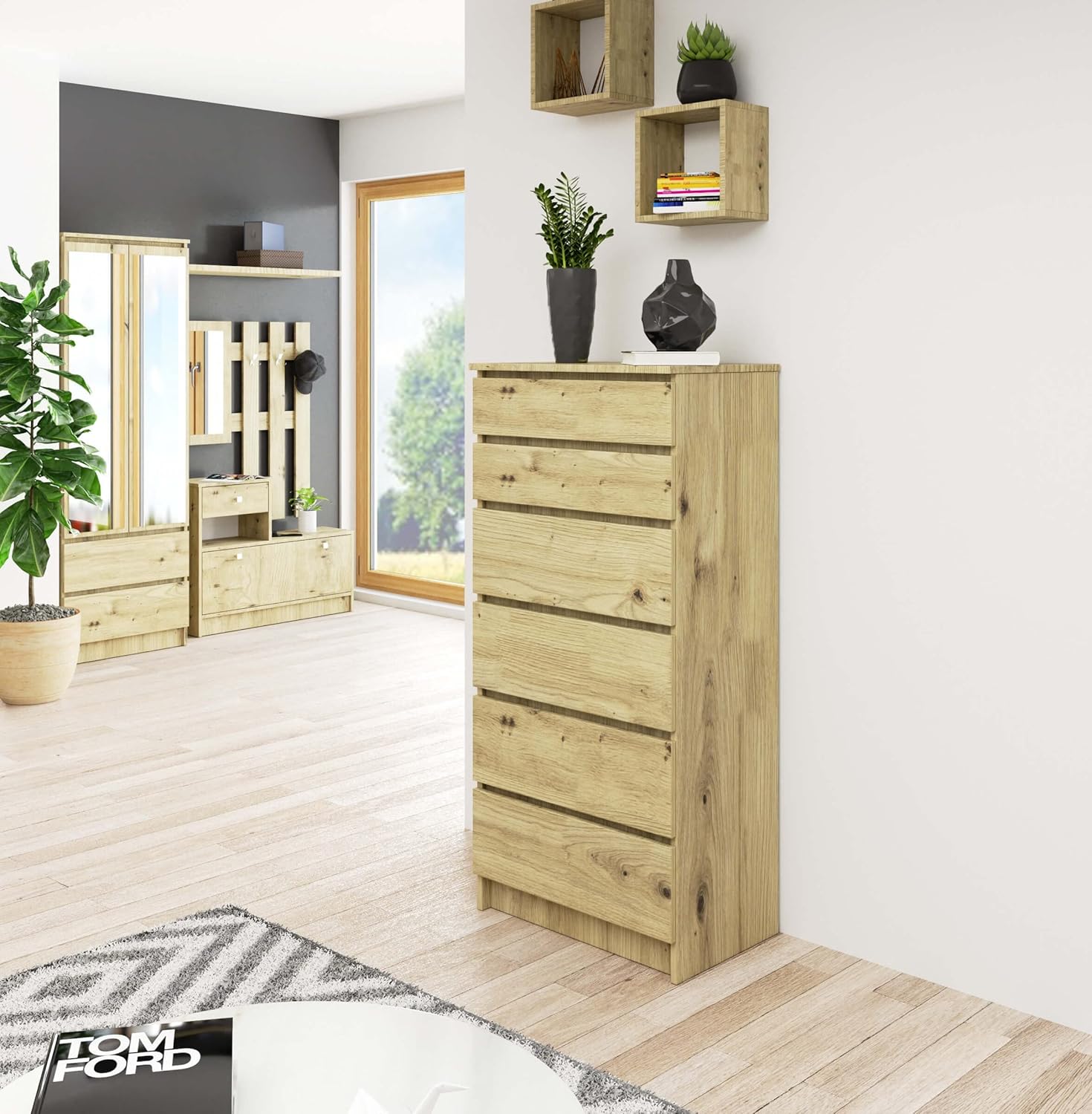 Home Collective Kommode in Artisan Eiche mit 6 geräumigen Schubladen, 60 cm breit, 130 cm hoch Kommode Schlafzimmer Flur Wohnzimmer Organizer mit Schubladen Holz Highboard Sideboard Schrank