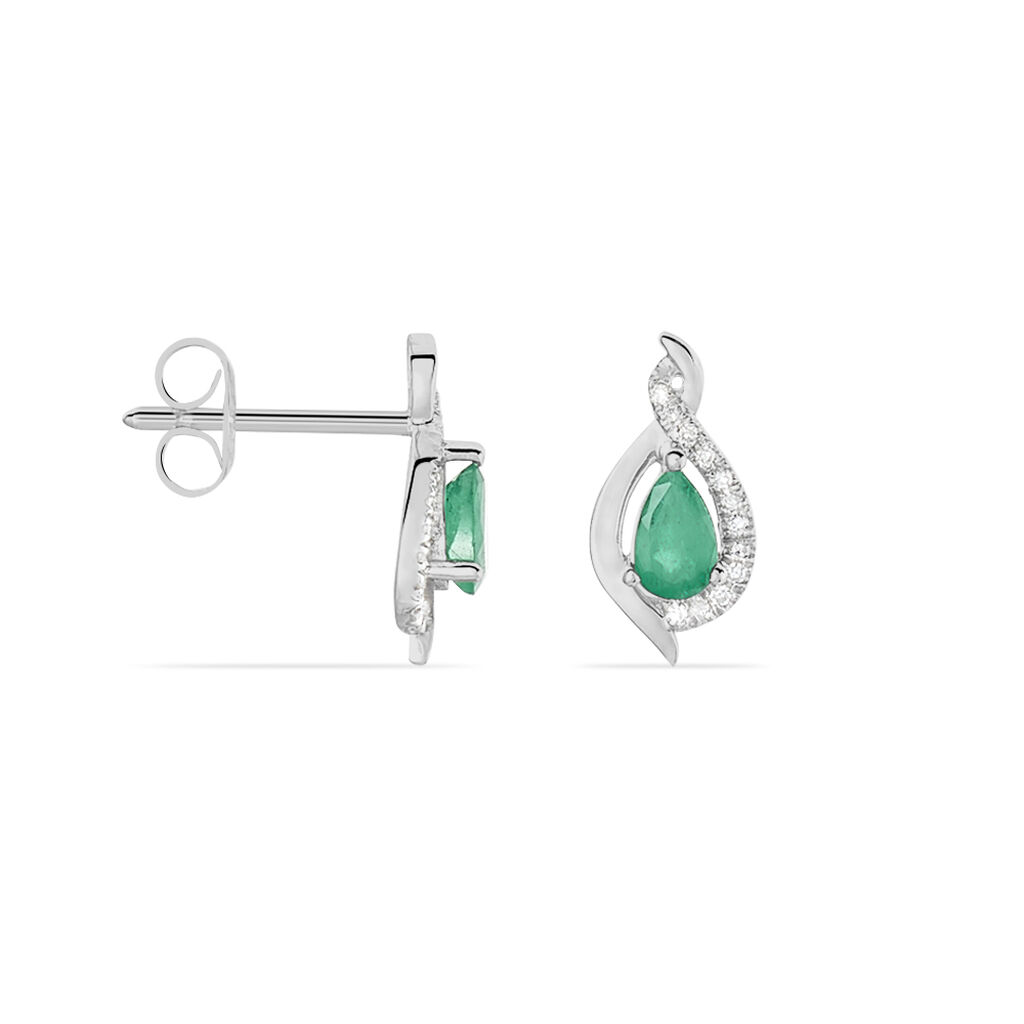 Boucles D'oreilles Puces Angelika Or Blanc Emeraude Et Diamant