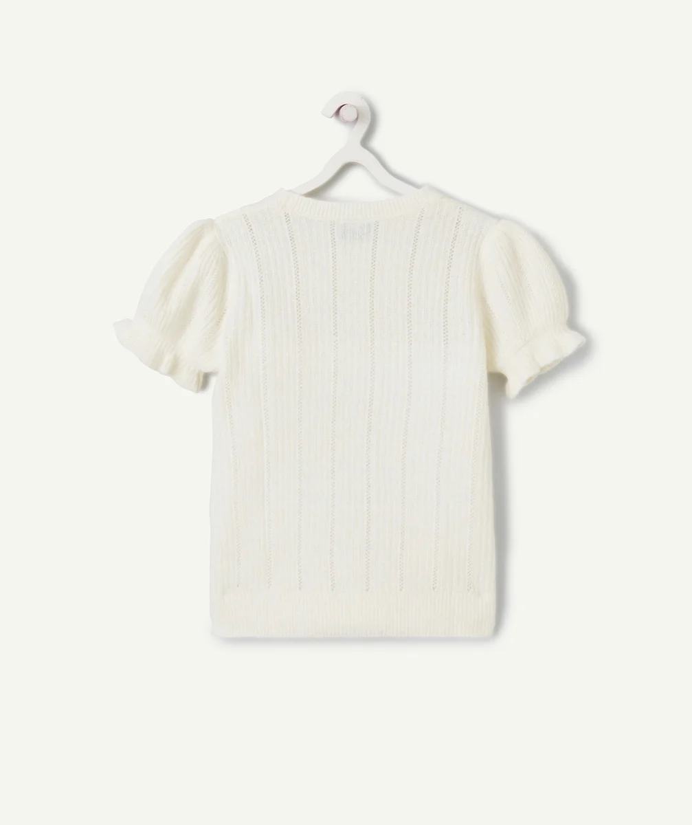 PULL AJOURÉ MANCHES COURTES FILLE EN FIBRES RECYCLÉES ÉCRU