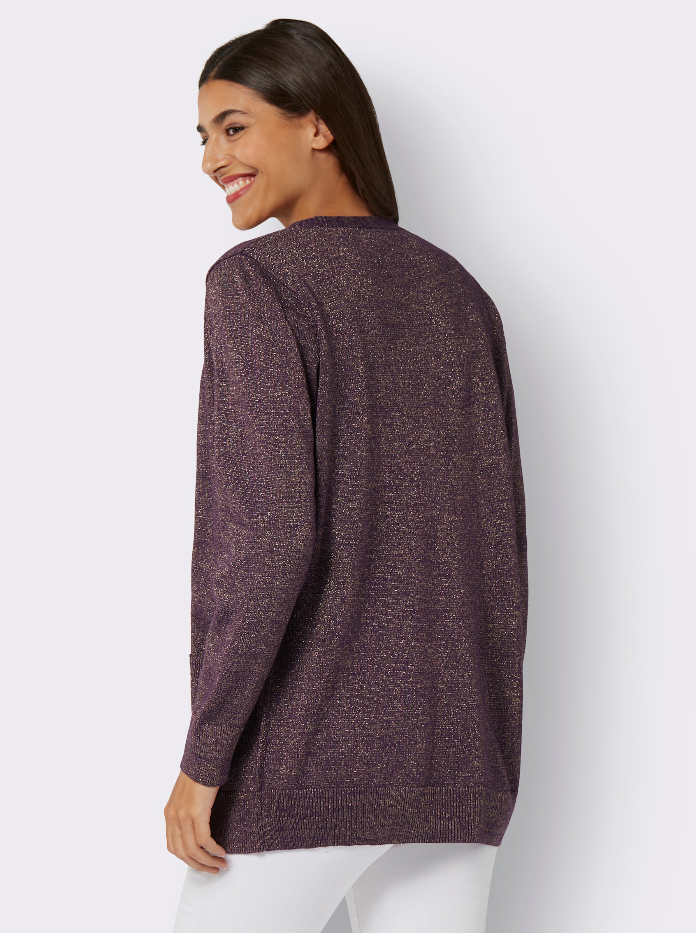 Longstrickjacke mit goldfarbenem Glanzgarn