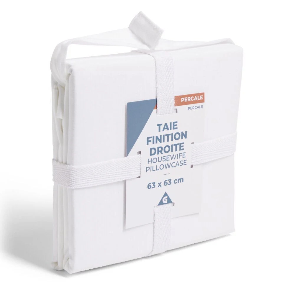 Taie d'oreiller 63x63cm 100% coton percale finition droite blanc