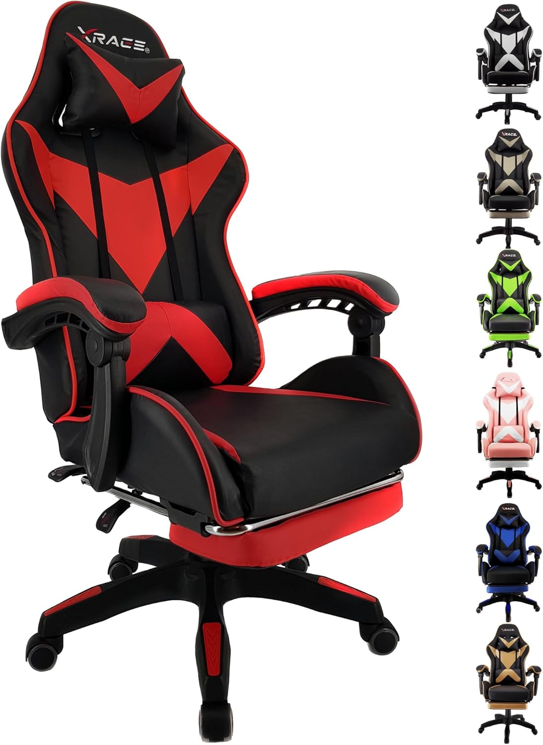 xRace Gaming Stuhl, Bürostuhl, Ergonomischer Pc Stuhl, Gaming Sessel aus Leder mit Lendenwirbelstütze, Verstellbarer Drehbarer, Task Stühle mit Fußstütze und Kopfstütze, Rot