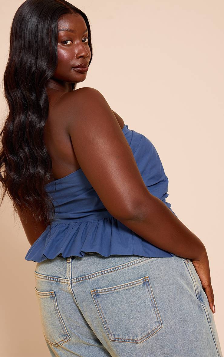 Bleu Marine Haut Grande Taille Bandeau En Coton À Volant Péplum