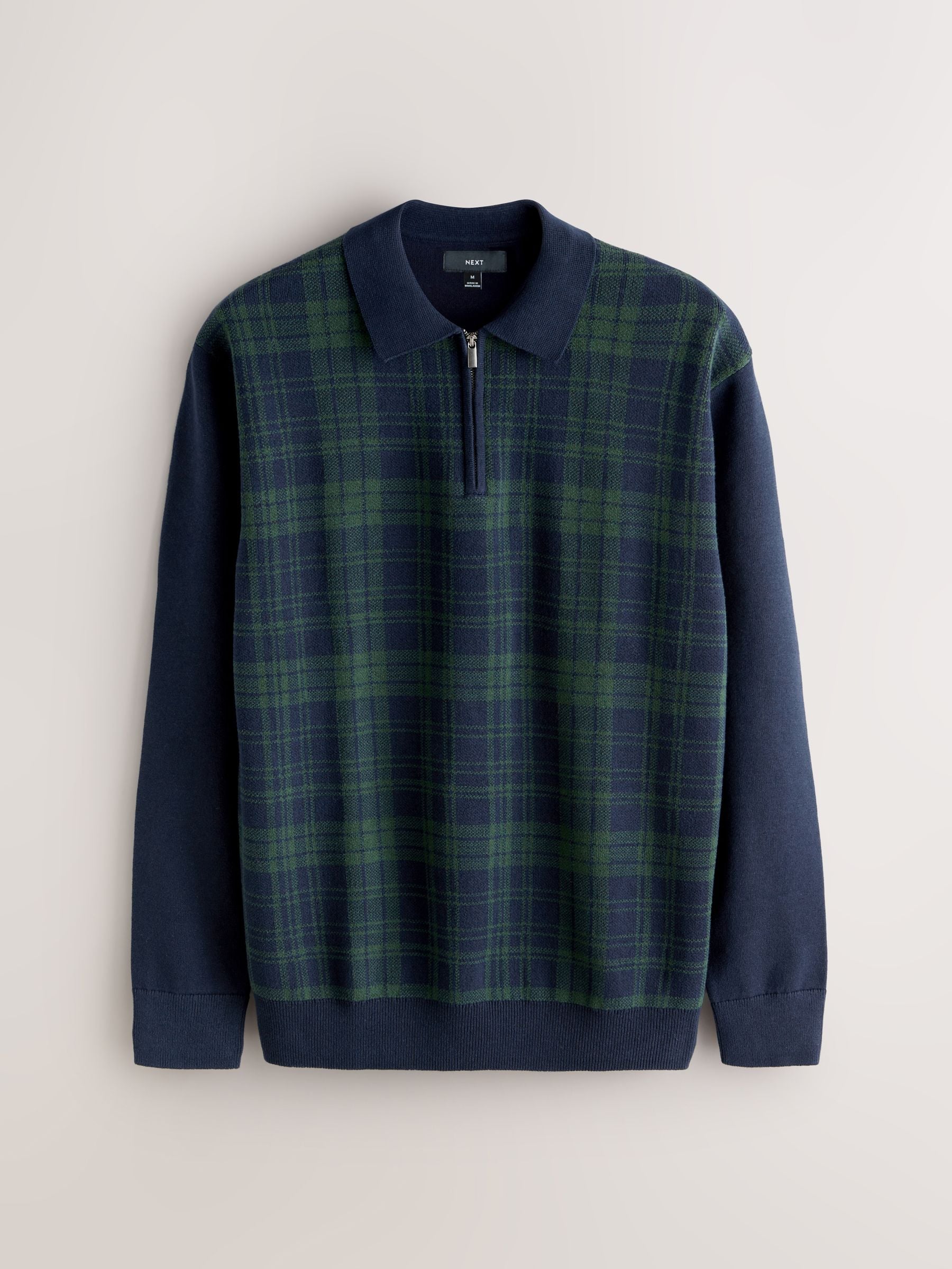 Blauw/Groen - Regular Fit Long Sleeve Knitted Check Quarter Zip Polo Shirt