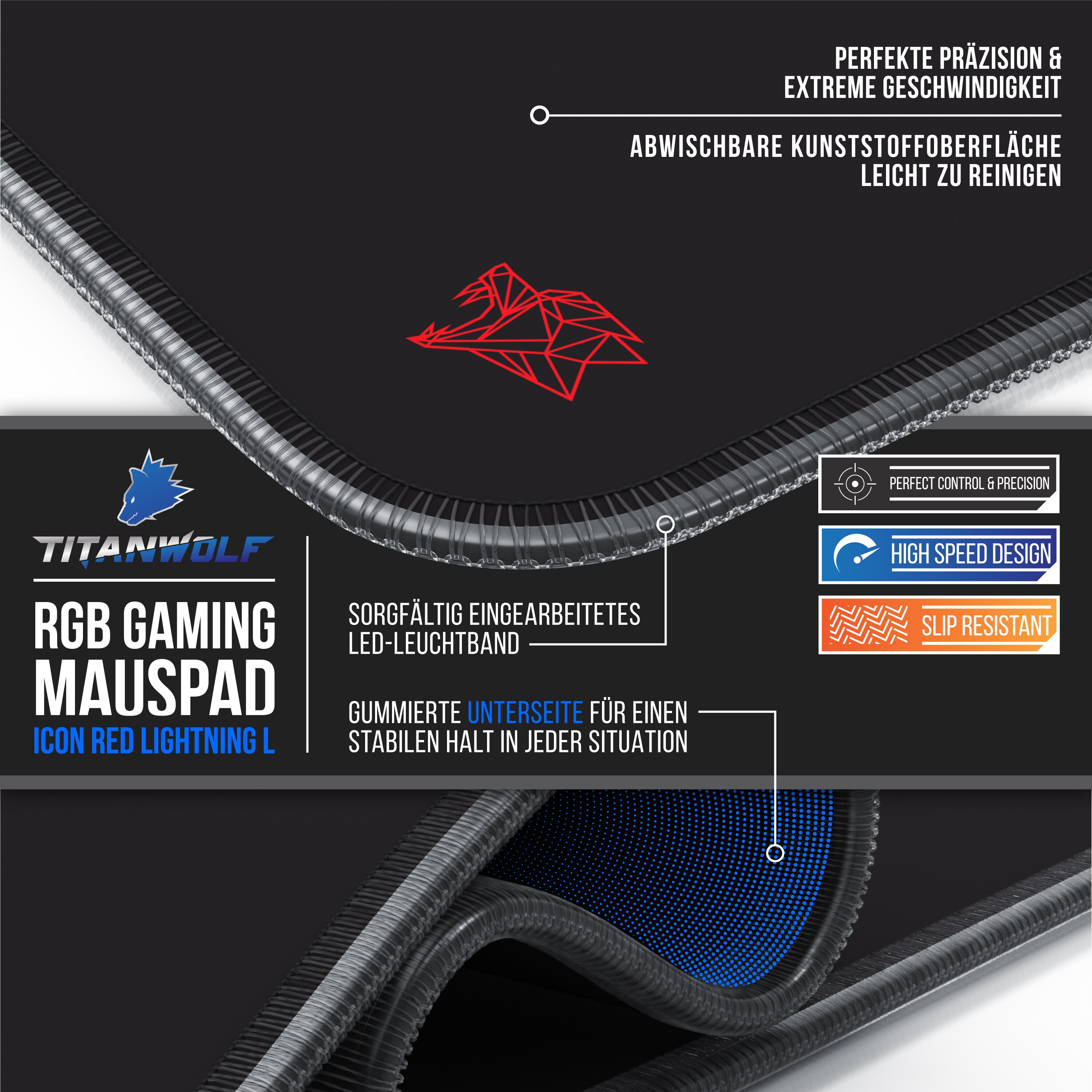 Titanwolf RGB Gaming Mauspad XL 900 x 400 mm Mousepad - verbessert Präzision & Geschwindigkeit
