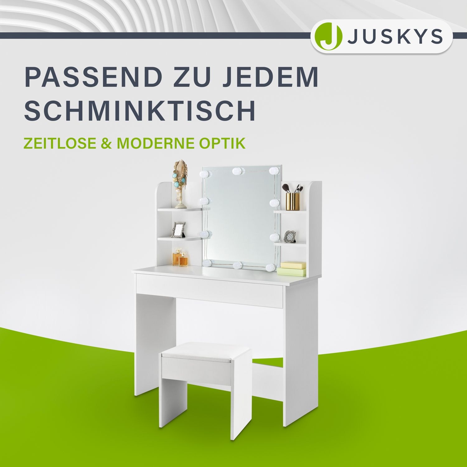 Juskys Schminktisch Hocker Melly aus Holz mit gepolstertem Kissen & Bezug aus Kunstleder in Weiß