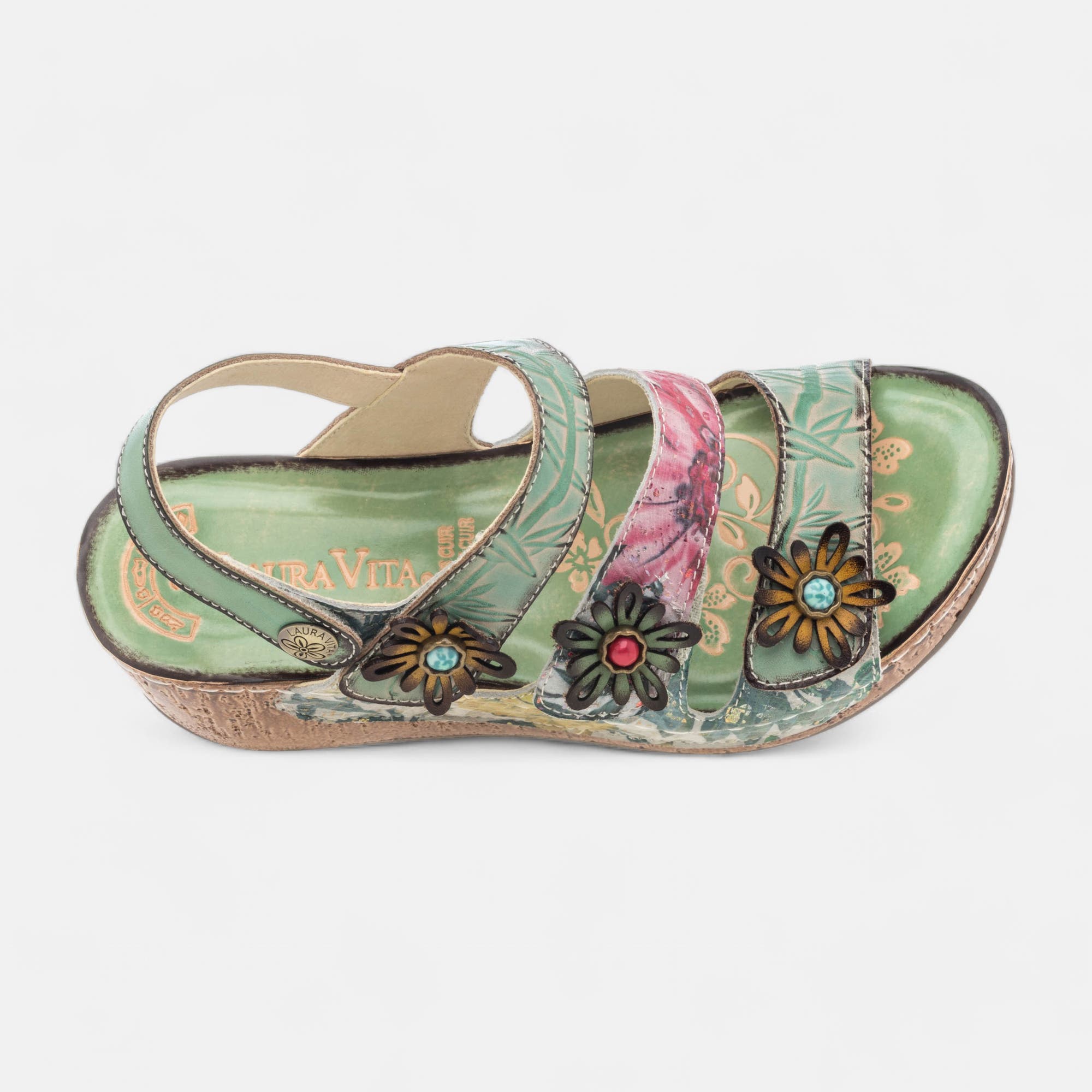 Sandales à talon compensé Femme en cuir vert