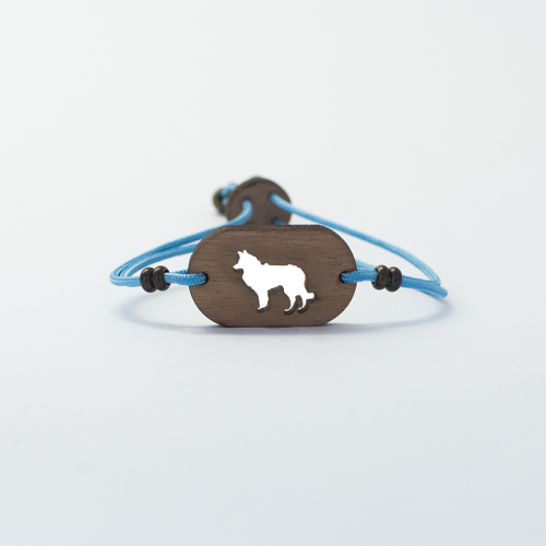 Pulseira de madeira personalizável com desenho de Border Collie, azul.