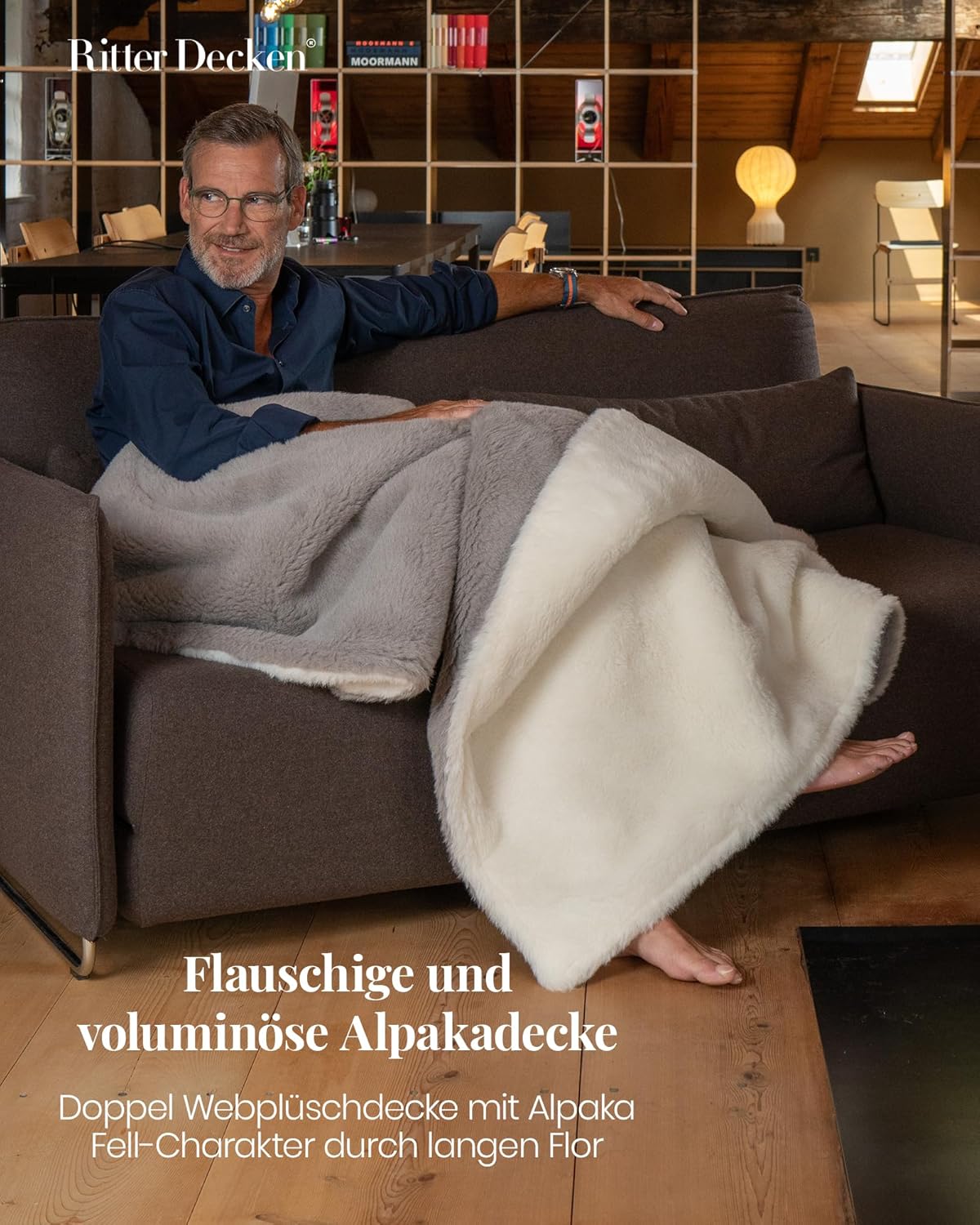 Ritter Decken La Paz Alpakadecke 140 x 200 cm - Grau-Weiß - Hochwertige Decke mit Fell-Charakter aus Alpakahaar - Weiche Naturhaardecke - Made in Germany
