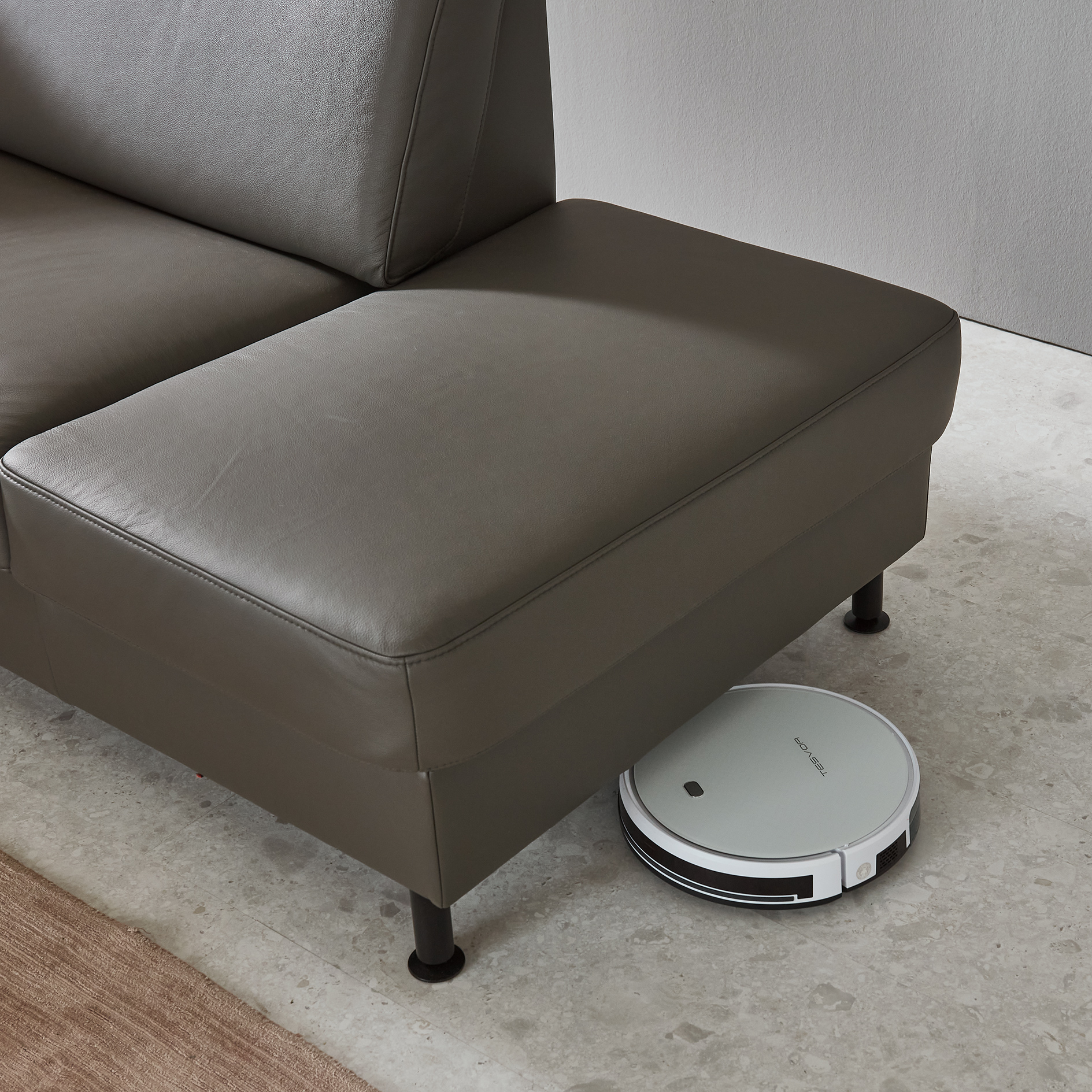 polsterpower Ledersofa - grau - Basismodell - Anstellhocker rechts