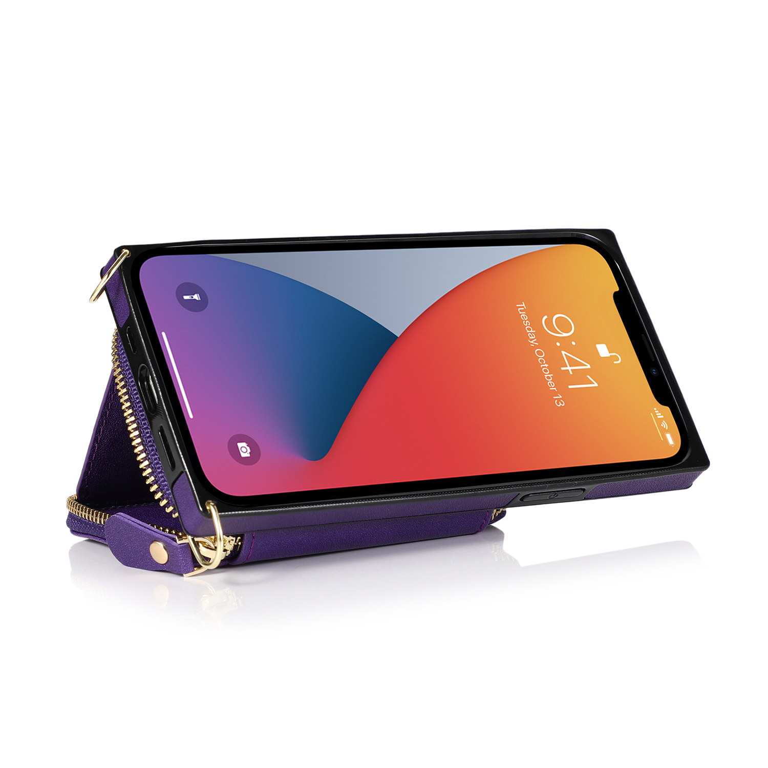 iPhone 13 Pro Necklace Leder Schutz Hülle mit Kartenfächer   Handykette (140cm) - Violett